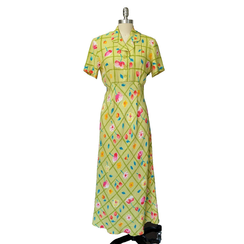 Vintage 90s Green Floral Maxi Dress Size S Shirtdress Short Sleeve Cottage